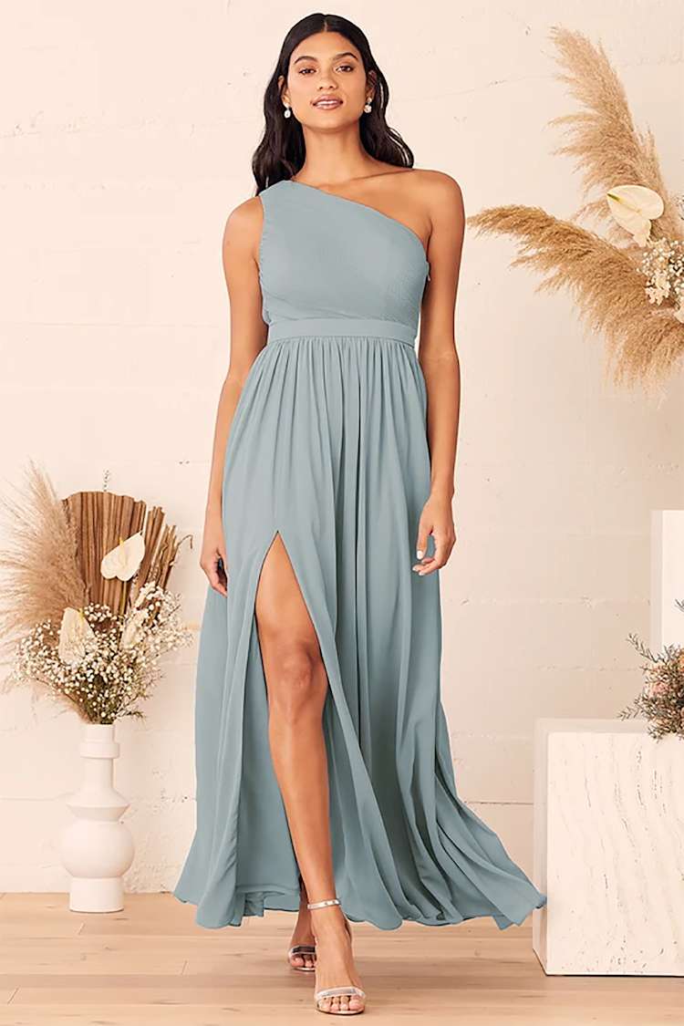 open lace back dress One Shoulder Dusty Blue Mermaid Bridesmaid Dresses – PollyBoutique main image 1