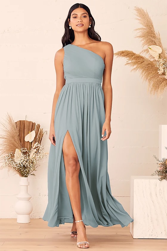 Lovely Endings Dusty Blue One-Shoulder Pleated Maxi Dress 8