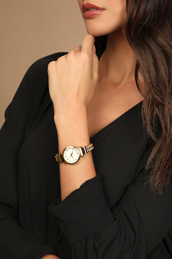 Time To Be Chic Gold and Pearl Cuff Watch 1