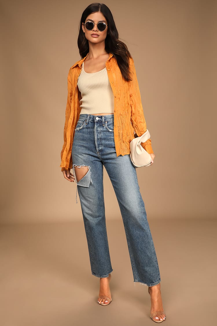 Get Glowing Golden Yellow Crinkle Long Sleeve Button-Up Top