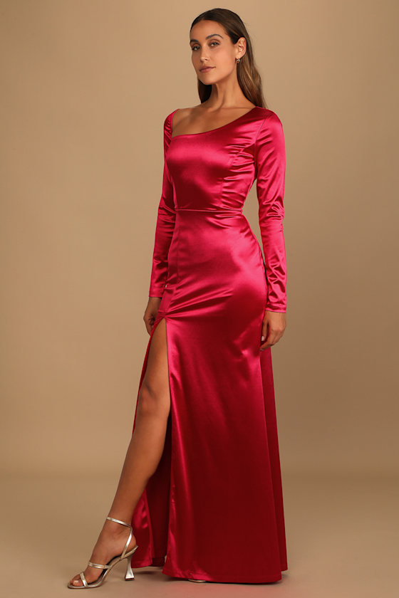 Off to the Ball Red Satin Long Sleeve Maxi Dress 1