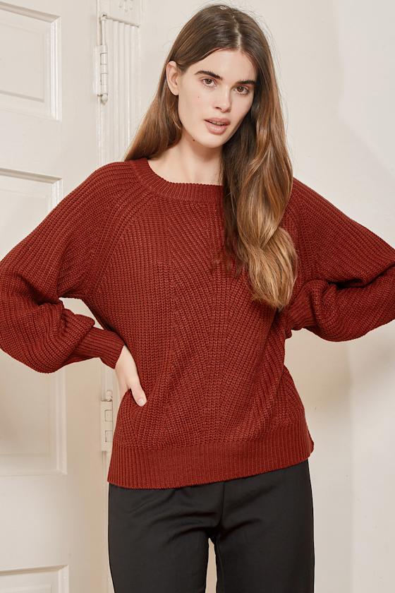 Rust Brown Sweater Balloon Sleeve Sweater Cozy Knit Sweater Lulus