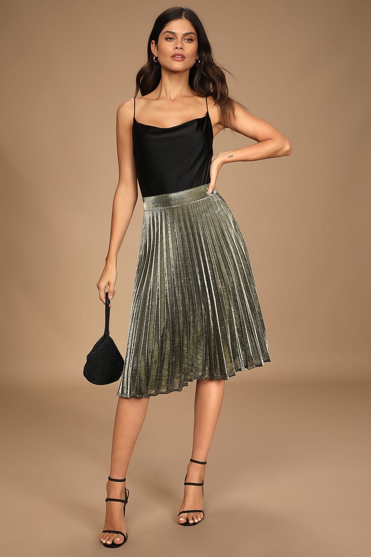 Star Shine Gold Pleated Midi Skirt