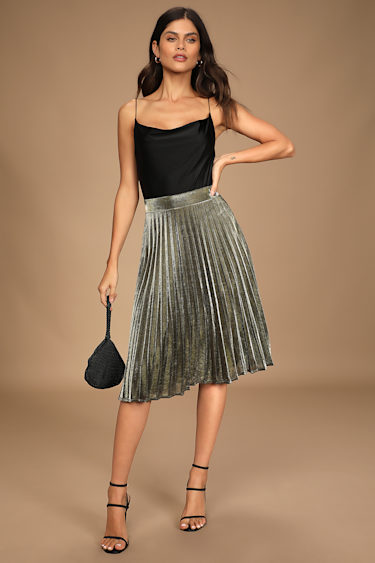 Silver Pleated Midi Skirt Outfit Metallic Pleated Skirt Xs Silver  Eco-leather Pleated Midi Skirt With Pockets