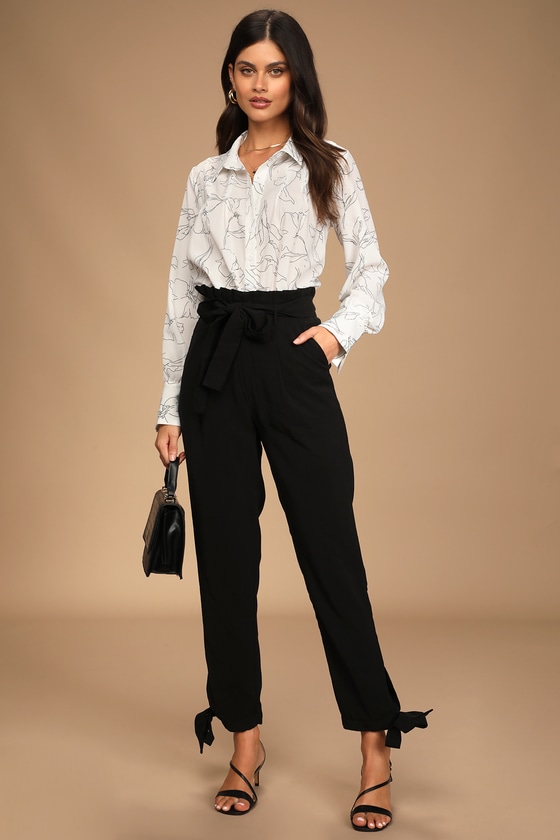 TheMogan Women's Belted Paperbag High Waist Chambray Cuffed Tapered Leg Trouser  Pants - Walmart.com