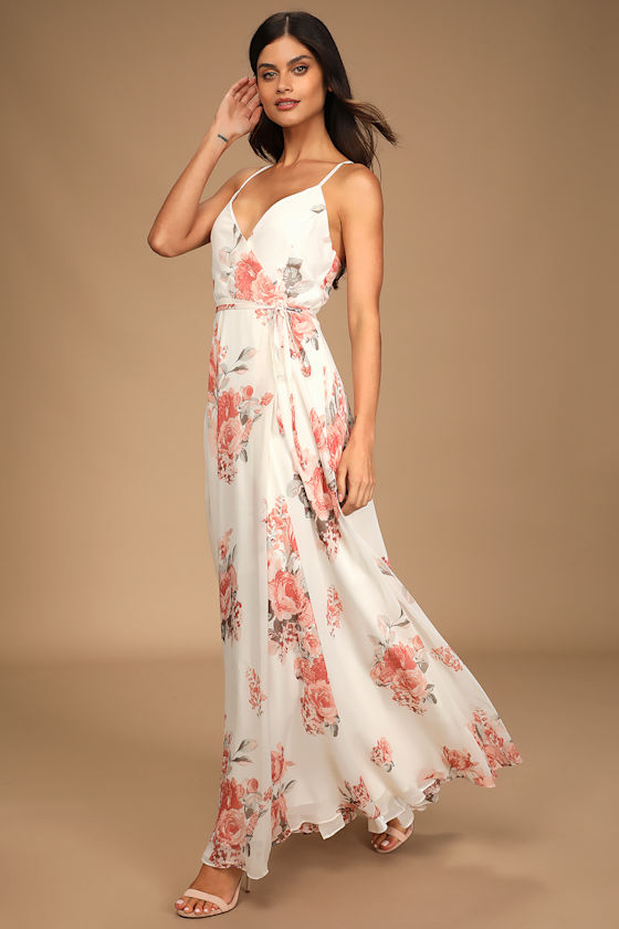 Elegantly Inclined Cream Floral Print Wrap Maxi Dress 11