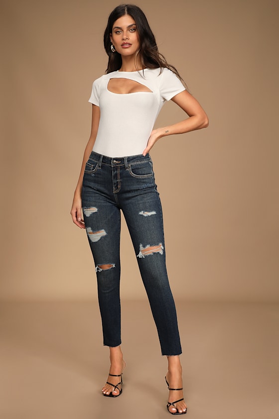 Clara Dark Wash High-Waisted Distressed Skinny Jeans 8