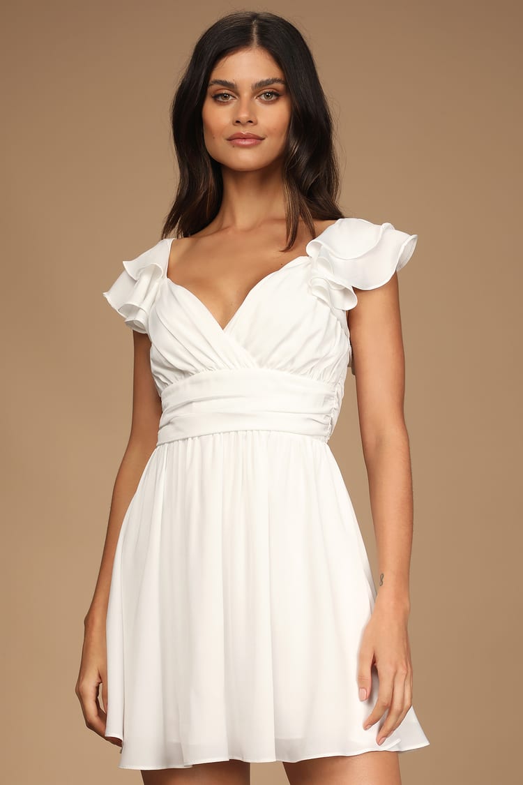 White Mini Dress - Ruffled Dress - Short Sleeve Skater Dress - Lulus