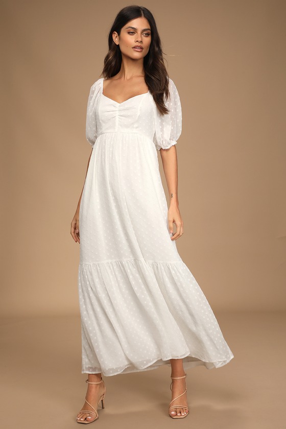 Truly Angelic White Swiss Dot Puff Sleeve Maxi Dress