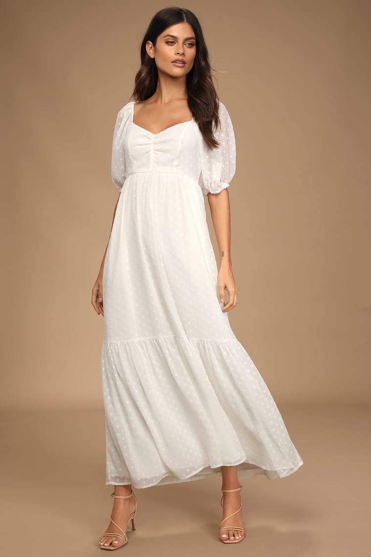 barriere skole trussel White Maxi Dress - Swiss Dot Dress - Puff Sleeve Maxi Dress - Lulus