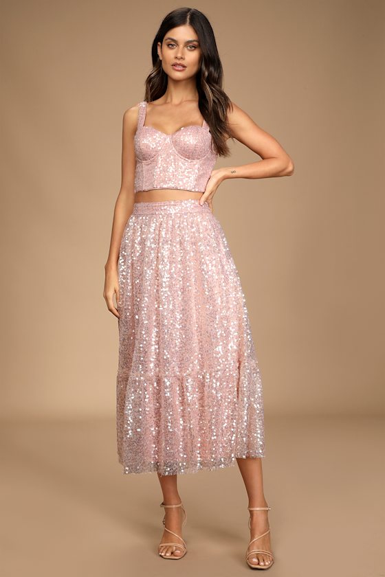 Radiant as Ever Pink Sequin Tiered Midi Skirt 5