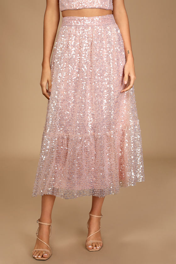Radiant as Ever Pink Sequin Tiered Midi Skirt 4