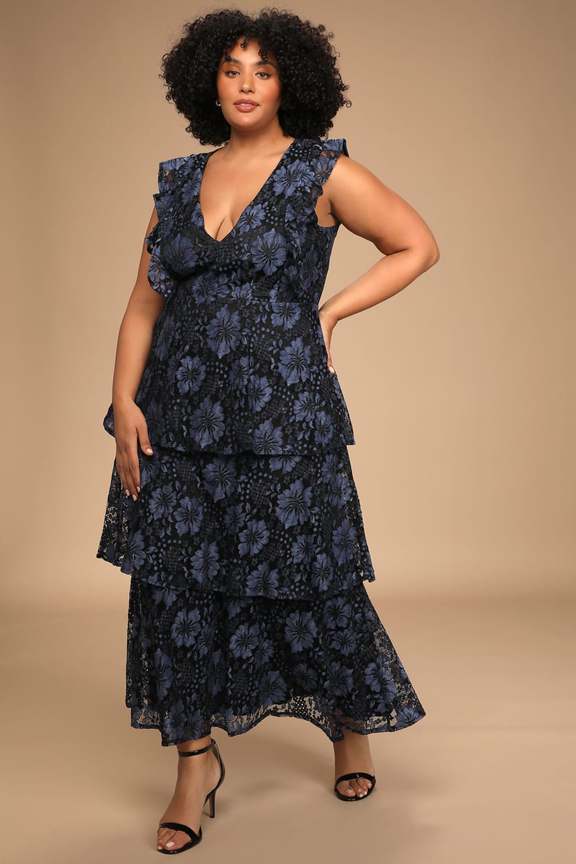 Lovely Navy Blue Dress - Lace Dress - Maxi Dress - Tiered Maxi - Lulus