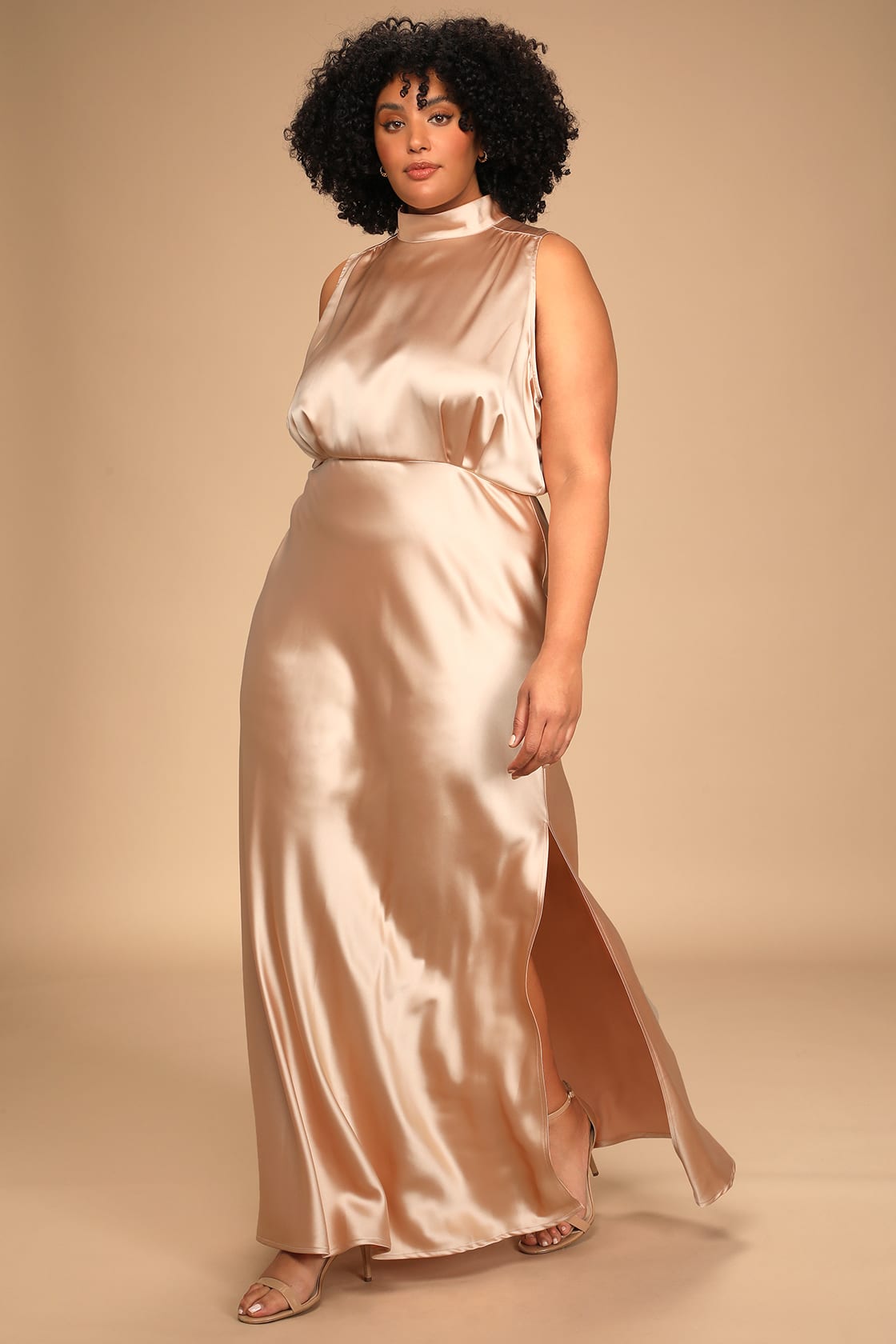 Plus Size Black Tie Wedding Guest Dress in Gold with High Neck
