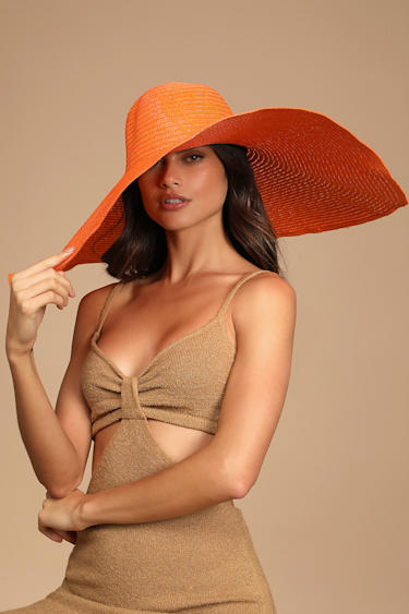 Orange Sun Hat Straw Hat Oversized Floppy Hat Packable Hat