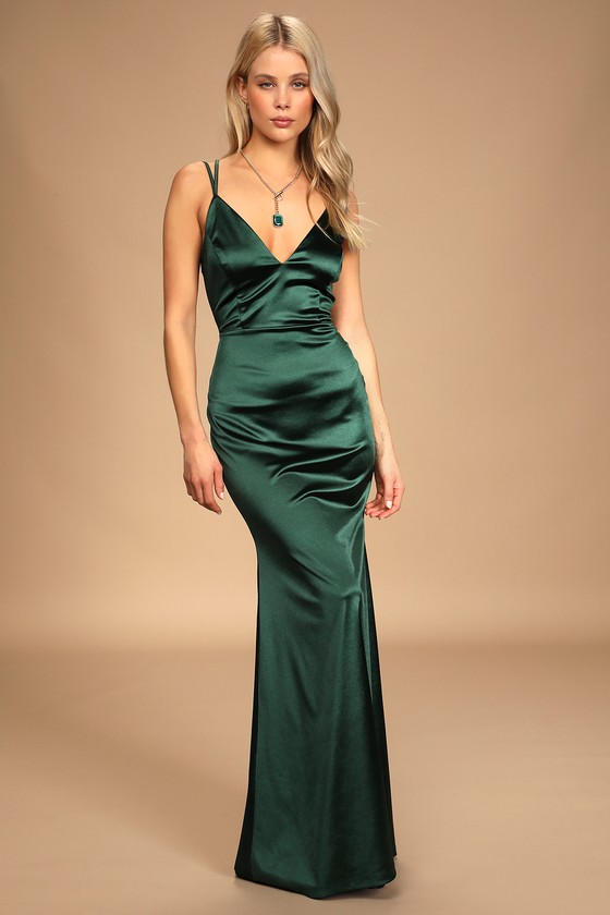 Everlasting Elegance Dark Green Satin Strappy Mermaid Maxi Dress