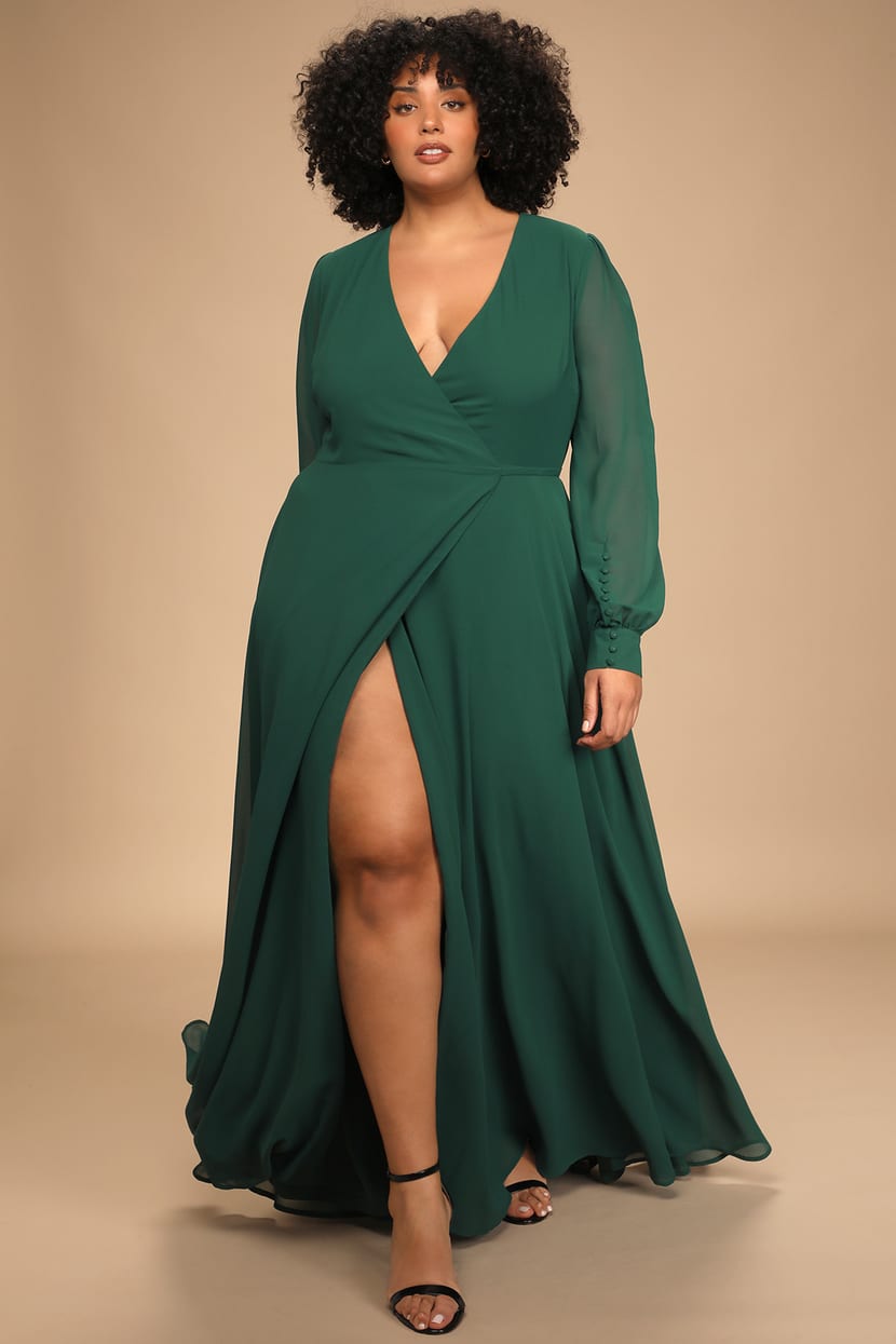 Glam Green Dress - Maxi Dress - Wrap Dress Long Sleeve Dress - Lulus