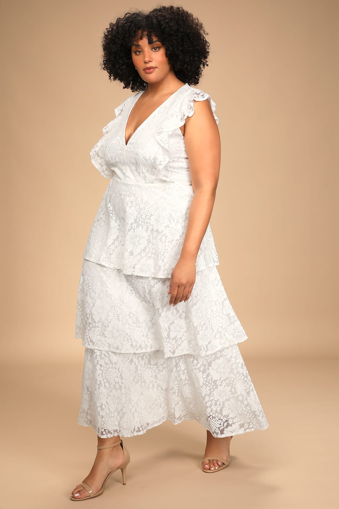 Plus Size White Lace Tiered Maxi Rehearsal Dinner Dress Sleeveless