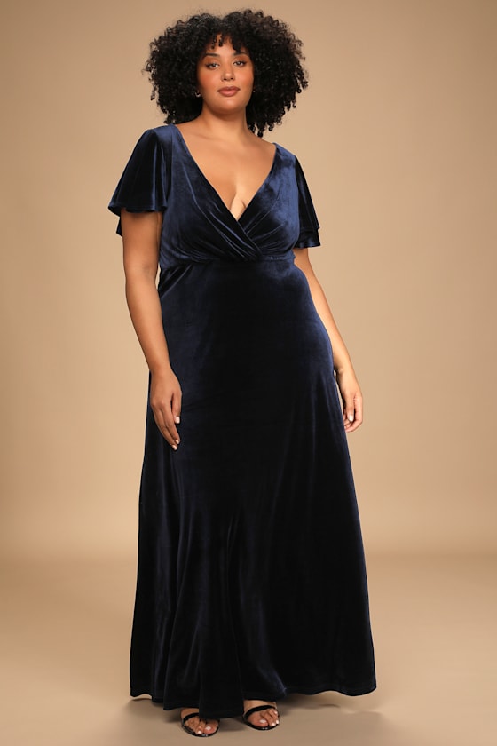 V-Back Long Velvet Dresses with Flutter Sleeves Ocean Blue main image 0