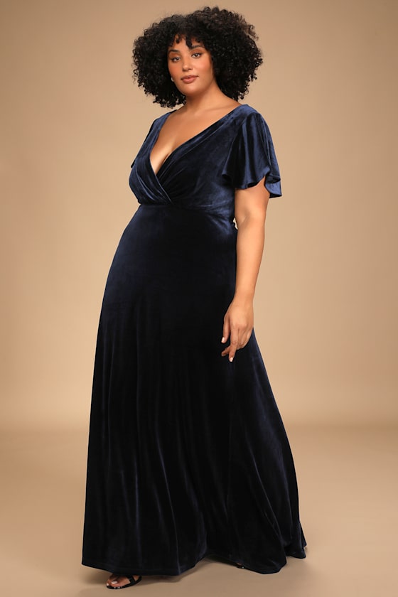 Navy Blue Maxi Dress - Velvet Maxi Dress - Flutter Sleeve