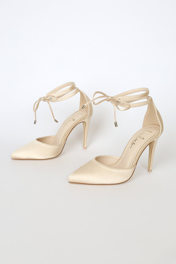 Luykle Champagne Satin Pointed-Toe Ankle Strap Pumps 3