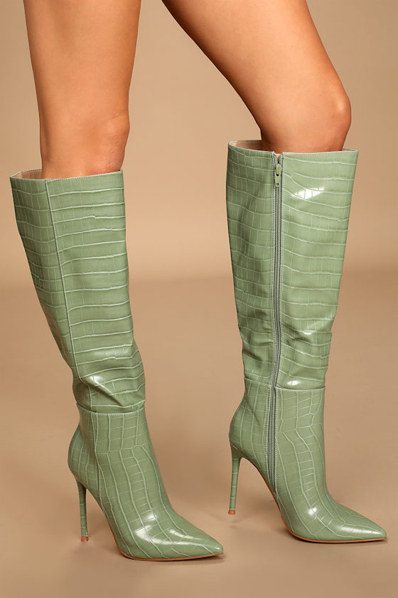 Zezilia Mint Crocodile-Embossed Pointed-Toe Knee-High Boots 1