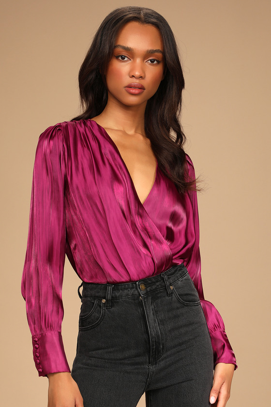 Magenta Bodysuit - Satin Bodysuit - Long Sleeve Bodysuit - Lulus