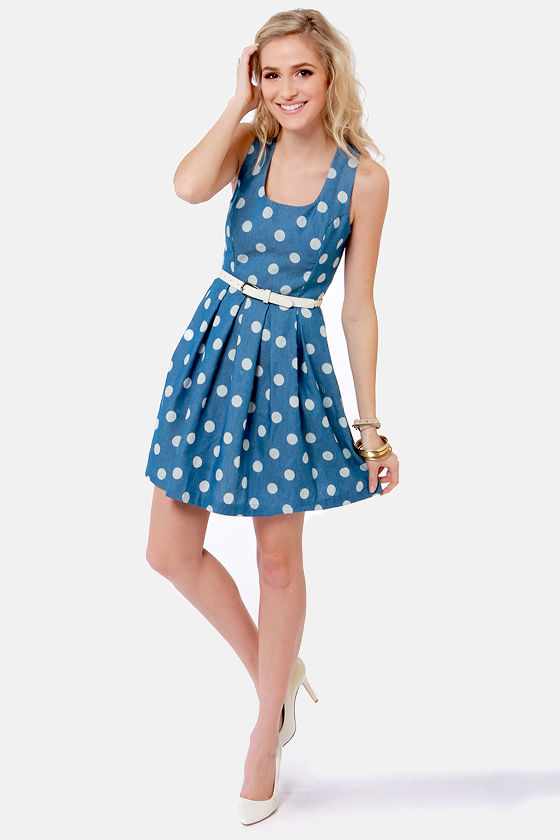 navy dress with white polka dots