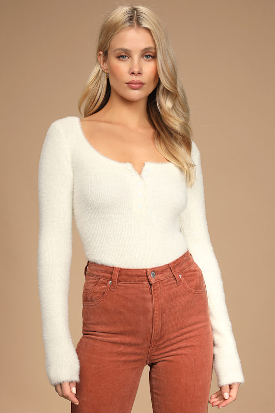 White knit bodysuit eyelash knit bodysuit henley bodysuit lulus