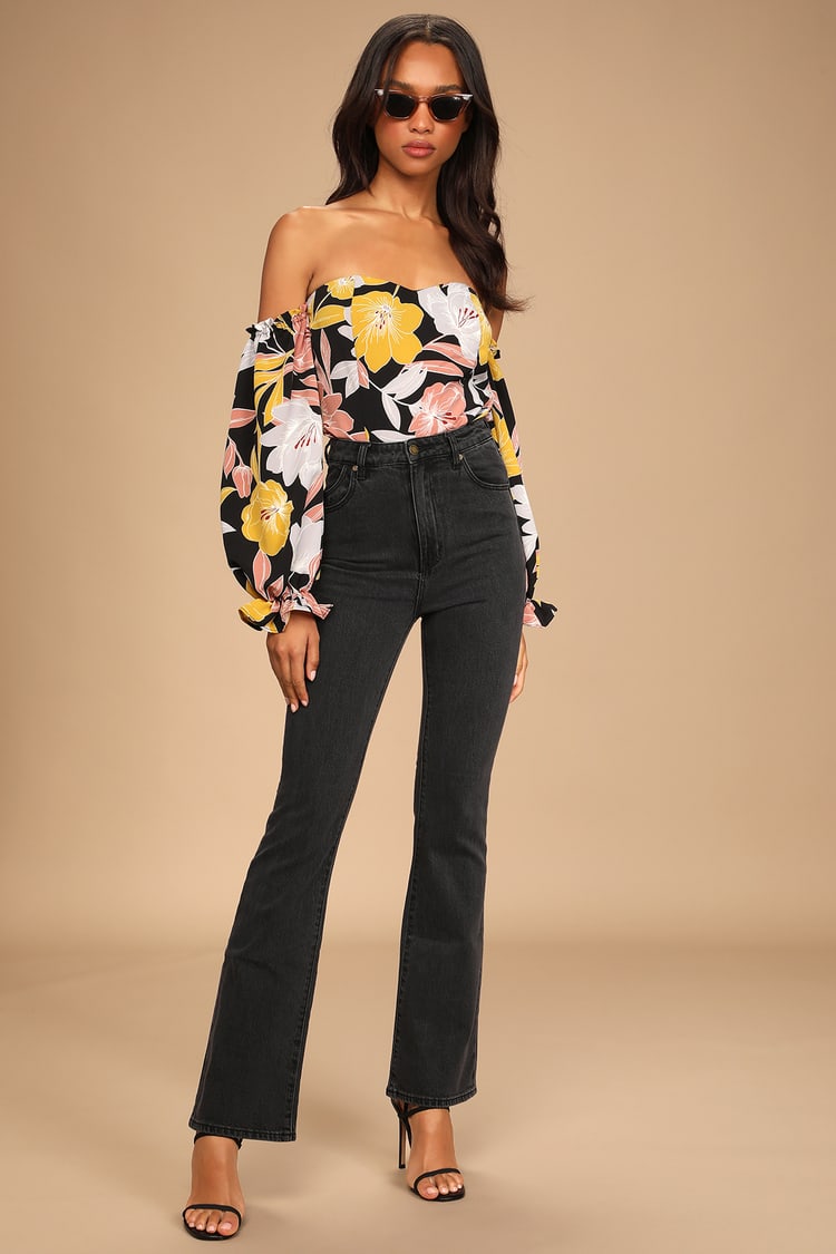 Bring the Blossom Black Floral Print Off-the-Shoulder Bodysuit
