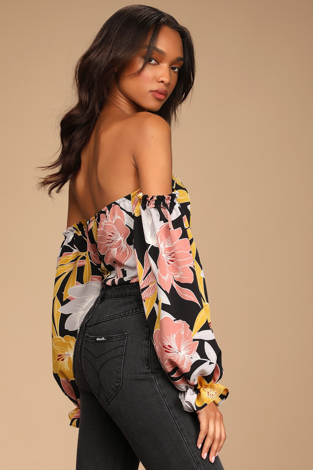 Bring the Blossom Black Floral Print Off-the-Shoulder Bodysuit
