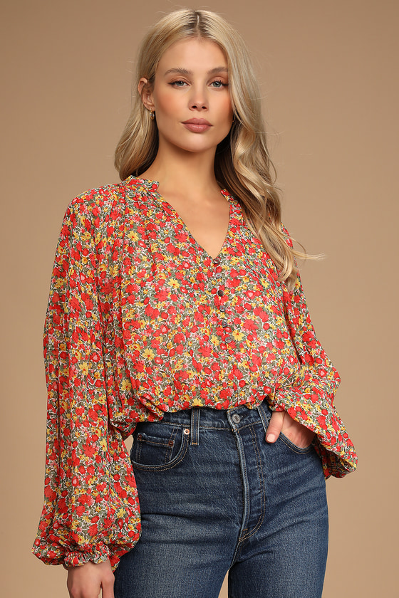 Red Floral Print Blouse - Balloon Sleeve Top - Women's Tops - Lulus