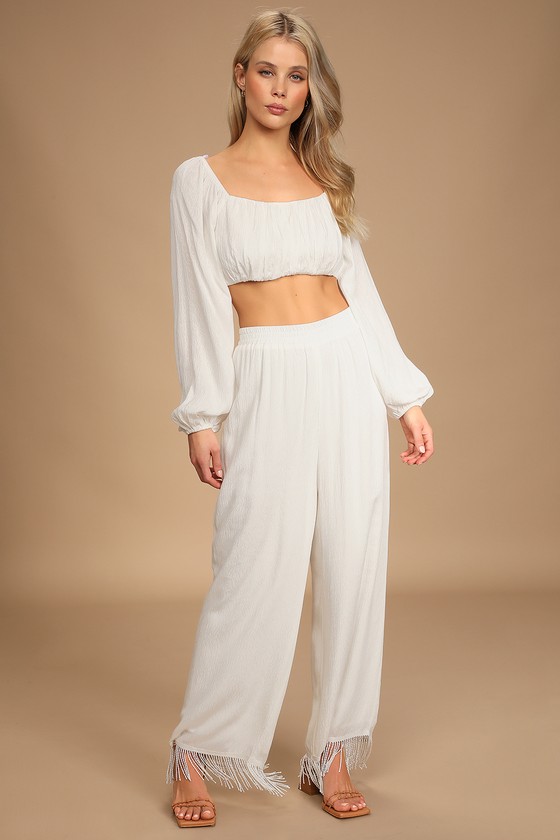 White Vacation Pants - Wide-Leg Woven Pants - Fringe White