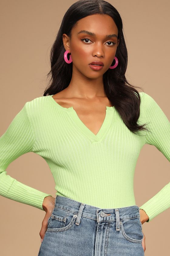 Lime Green Bodysuit Ribbed Bodysuit Long Sleeve Bodysuit Lulus
