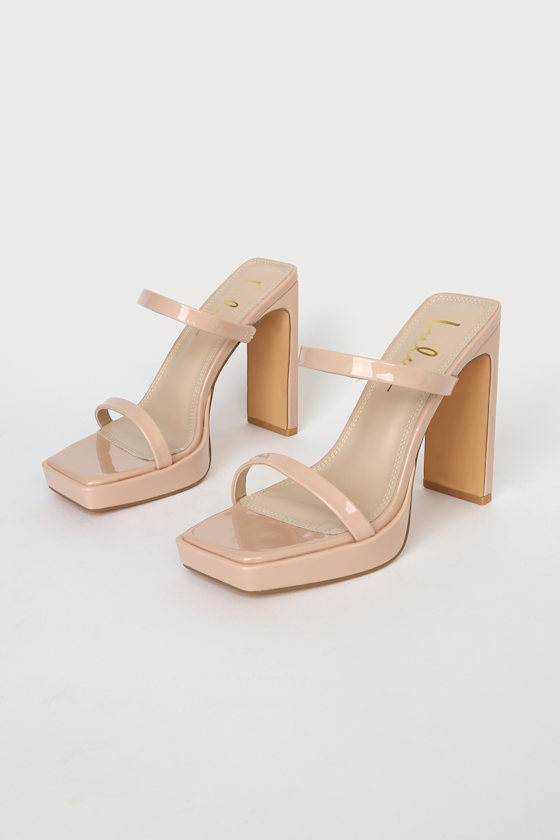 Fausee Light Nude Patent Square Toe Platform Slide Sandals 4