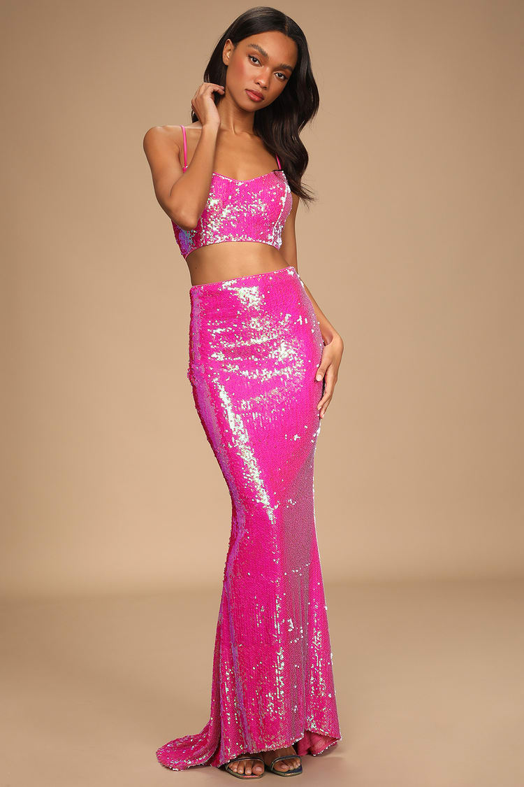 Pink Sequin Dress - Two-Piece Maxi Dress - Lace-Up Maxi Dress - Lulus