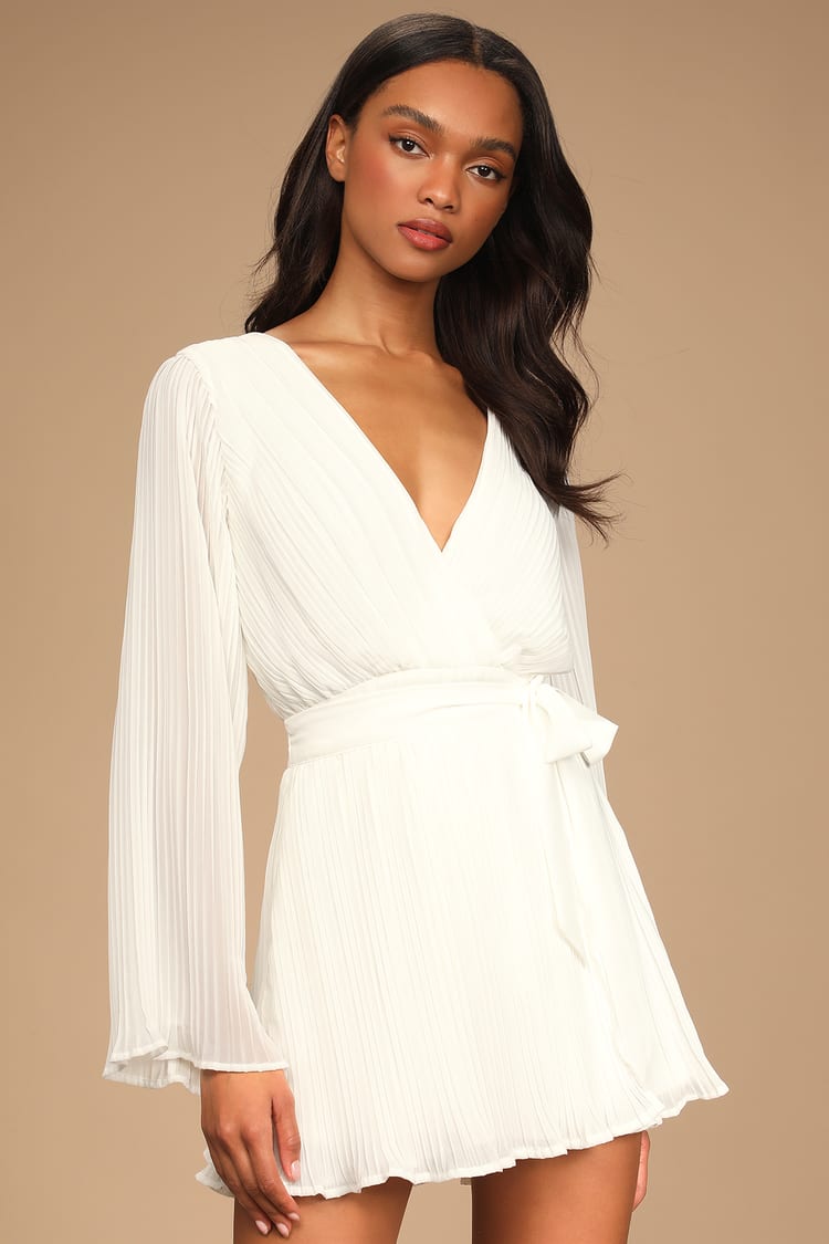 Ivory Skort Romper - Pleated Romper - Long Sleeve Romper - Lulus