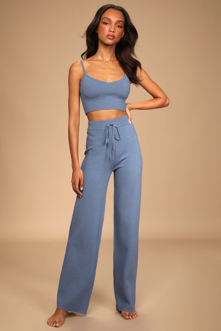 Stay Easy Light Blue Knit High-Waisted Sweater Pants