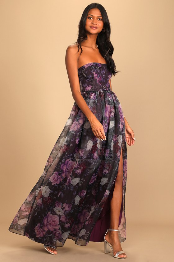 Strapless Purple Floral Long Prom Dresses with Slit, Purple Floral For –  Shiny Party