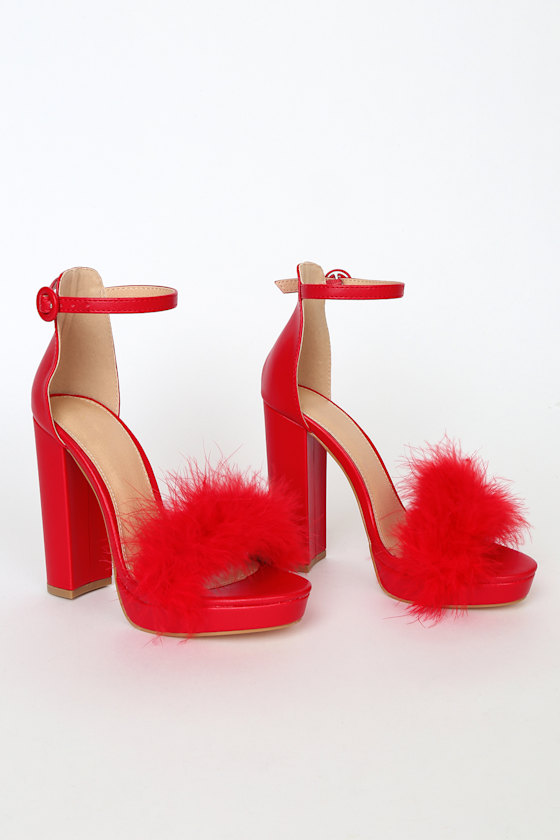 Dalilah Red Feather Ankle Strap High Heel Platform Sandals 3