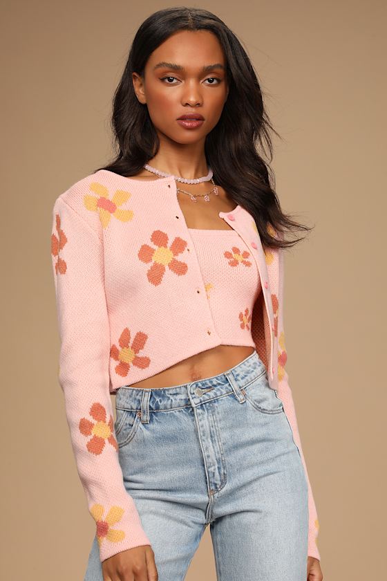 Sweetest Blooms Pink Floral Print Knit Tank Top and Cardigan Set 3