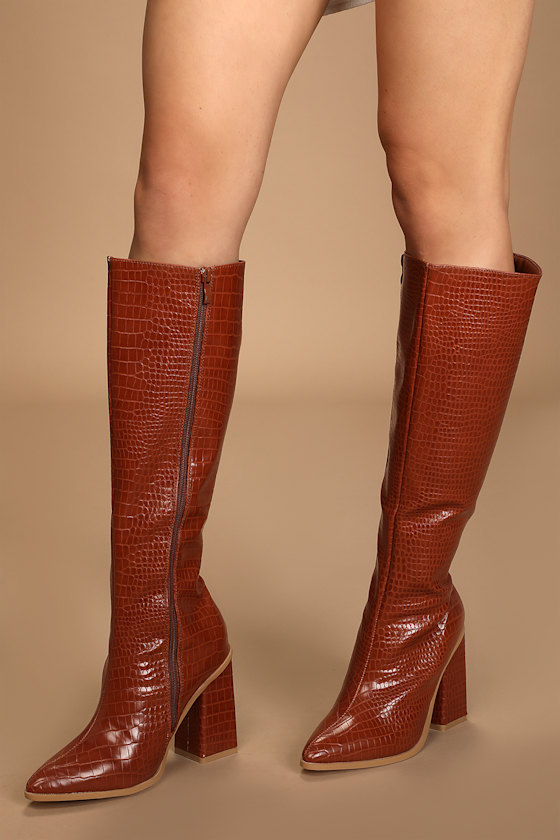 Camel Crocodile Boots KneeHigh Boots PointedToe Tall Boots Lulus