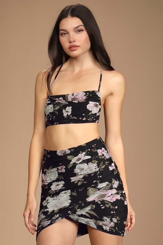 Black Floral Print Dress - Two-Piece Mini Dress - Lace-Up Dress - Lulus