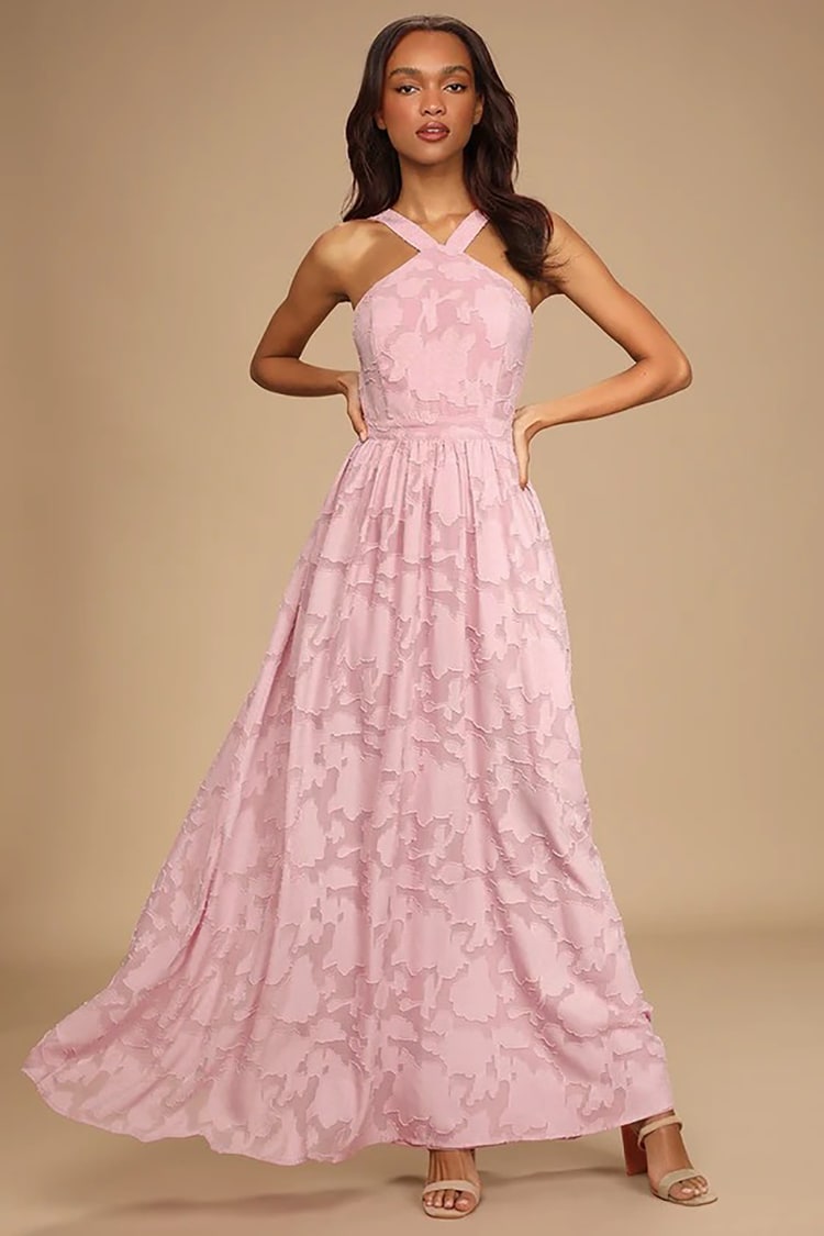 Mauve Pink Maxi Dress - Burnout Floral Dress - Halter Neck Dress - Lulus