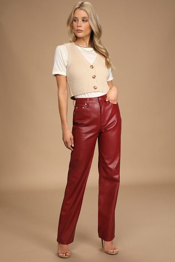 Cassie Red Vegan Leather High-Waisted Straight Pants 1