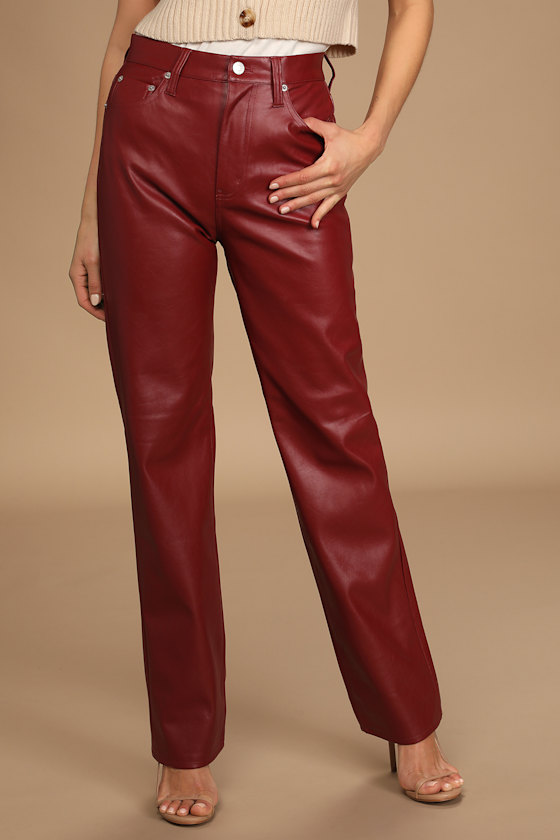 Cassie Red Vegan Leather High-Waisted Straight Pants 4
