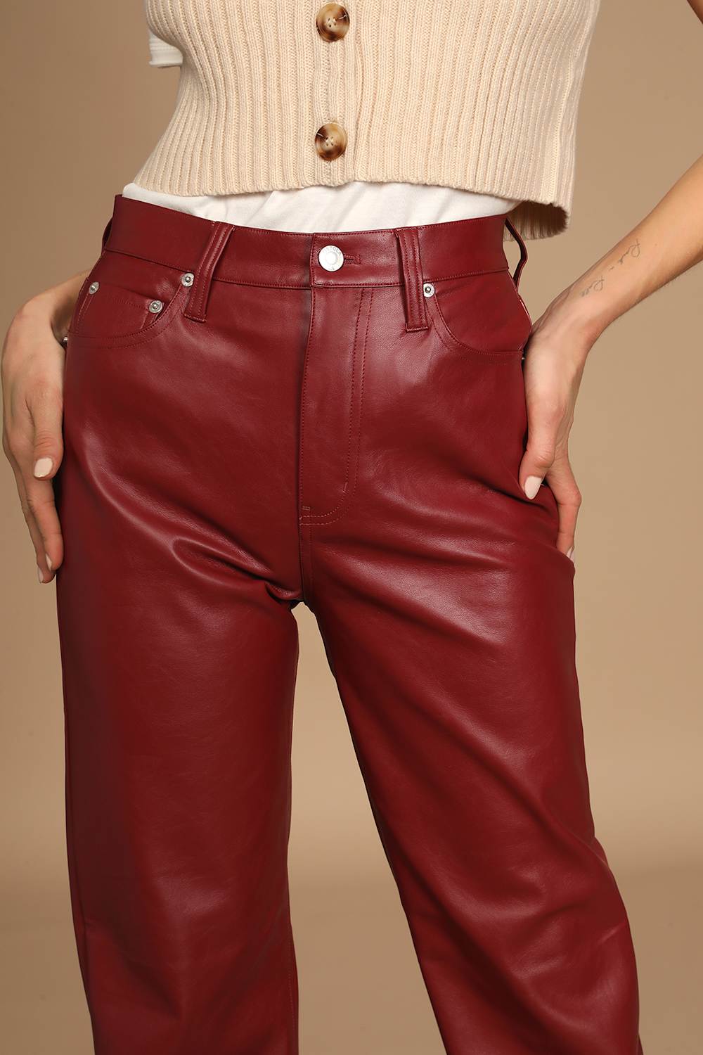 Cassie Red Vegan Leather High-Waisted Straight Pants