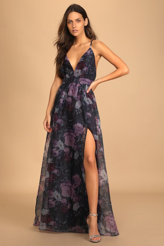Black Floral Print Dress - Organza Maxi Dress - Plunge Dress - Lulus