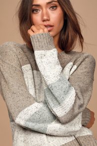 Snuggle Season Grey Multi Striped Balloon Sleeve Sweater 14