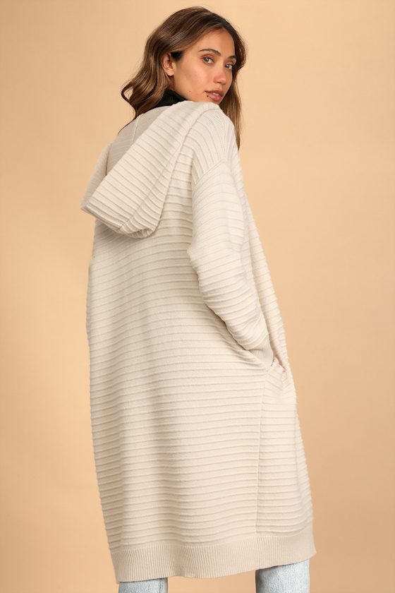 Chalet Chic Beige Ribbed Knit Hooded Cardigan Sweater 9